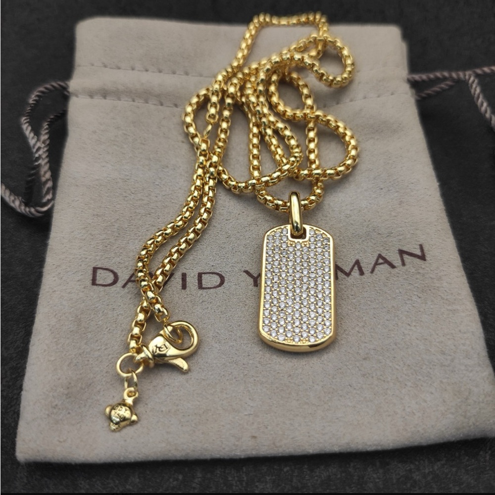 David Yurman Gold-Tone Pavé Dog Tag Necklace - Gold - Picture 1 of 7